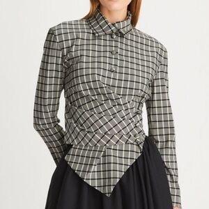 Tory Burch Plaid Wrap Shirt Gray Black Wool Button Up Pleated Top 2 Equestrian